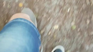 Taking my big balls and cock for a walk in the woods - almost caught 