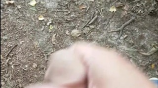 Taking my big balls and cock for a walk in the woods - almost caught 