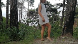 Wild Risky Public: Secretly masturbate my hairy pussy near the camp in the forest and squirt!!!