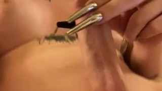 Hung blonde tranny jerks her huge TS cock and gushes sissy loads of cum all over her big thick cock