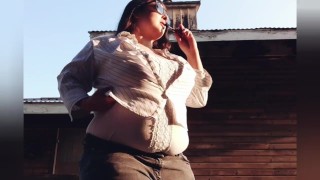 Public restroom BBW teasing herself for the camera, plus smoking outside