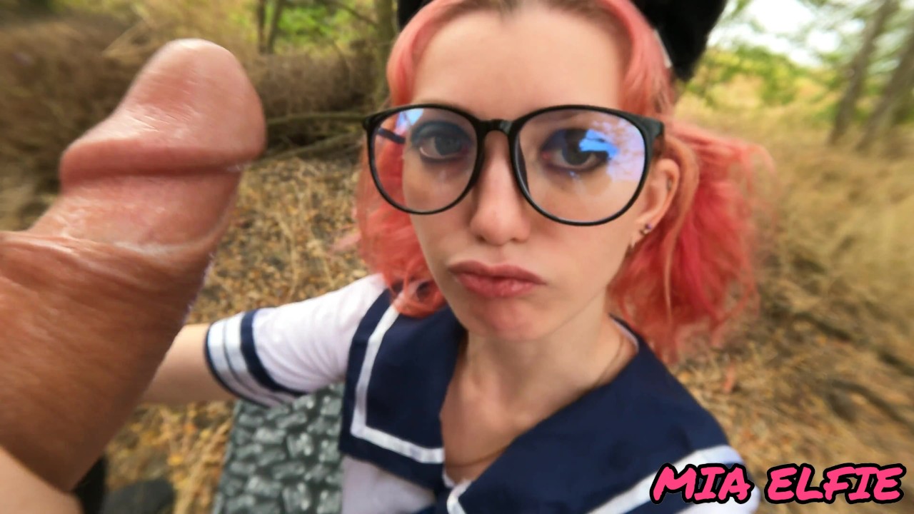 Cute with glasses diligently gives blowjob and facial