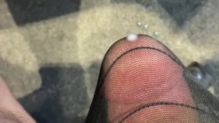 Wanking in my wife's VS mesh thong and cumming over the carpet