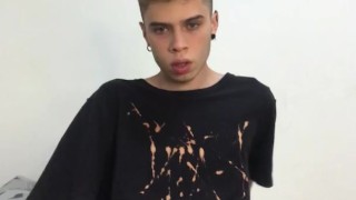 beautiful twink with hairy legs jerking in his room (18, cum, big cock)