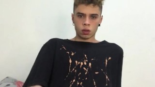 beautiful twink with hairy legs jerking in his room (18, cum, big cock)
