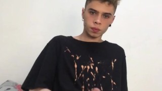 beautiful twink with hairy legs jerking in his room (18, cum, big cock)
