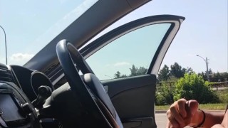 Jerking off in car on public - flash dick on highway