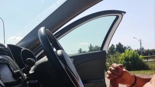 Jerking off in car on public - flash dick on highway