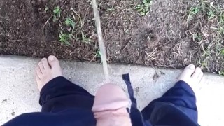 Fast pissing in the backyard with neighbor gardening next door