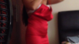 Red dress with sexy brunette