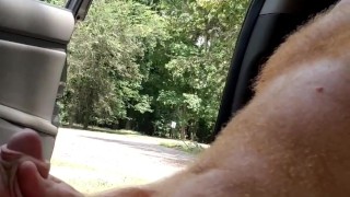 Naked hairy ginger playing with dick while a guy watches and a guy passes on a motorcycle
