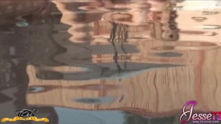 Jesse Strokers Her Massive Tranny Cock by the Pool