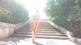 Panties Flash in Publik Walk/ Hot Skinny Blonde Show Thong Outdoor 4K