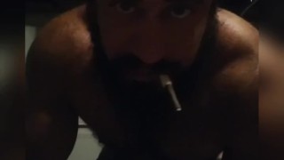 Hairy Muscle Stud Working Out Posing Nude Smoking and Jerking Off in Garage