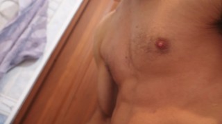 Sporty stud milking his cock secretly after morning routine workout