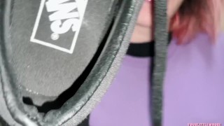 weirdo guy on elevator can't stop staring my vans. I give him a shoejob and he cums in my sneakers