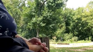 Playing with dick while guy walks by and another guy drives by, nice sunny afternoon 