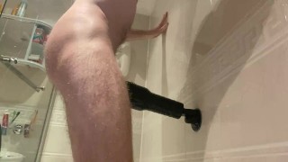 Fucking fleshlight in shower before masturbating lubed big cock to cumshot in bath, hot straight guy