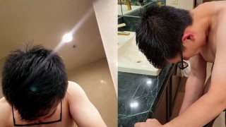 Asian guy tries a new toy before the party and finishes just in time (extended content)