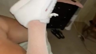 Slutty sporty sneaker slut shows off wet pussy