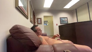 Exhibitionist naked at work and edging his cock in receptionists office