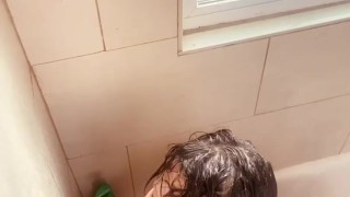 Big booty tattooed milf sucks and fucks her dildo in the shower! Close up POV! 