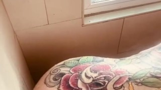 Big booty tattooed milf sucks and fucks her dildo in the shower! Close up POV! 