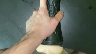 Boy plays with fleshlitl and shoots sperm