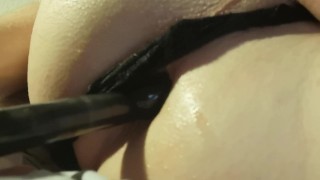 Playing with my smooth crossdresser ass with vibrator. In black thong.