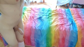 shemale blonde transex cumshot on lgbtq+ bed