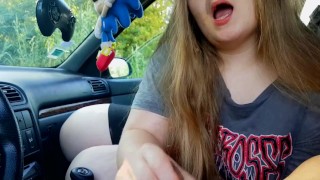 Milking my BF's small dick in the car and spit on him - Public Handjob