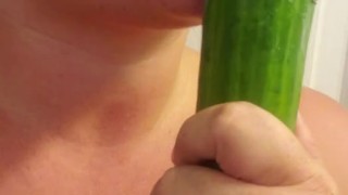 Milf sucks her own pussy cream off cucumber