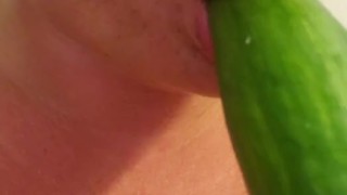 Milf sucks her own pussy cream off cucumber