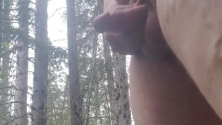 Fat guy Jerking small cock in the woods 