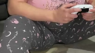 Milf peeing her self when playing on computer 
