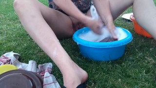 Just doing the dishes... on a campsite... without my panties
