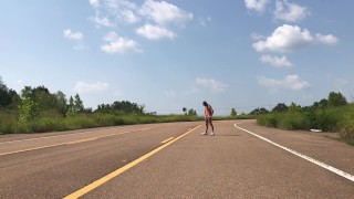 Naked exhibitionists get out of truck naked and pisses in middle of highway