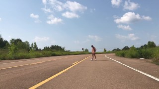 Naked exhibitionists get out of truck naked and pisses in middle of highway