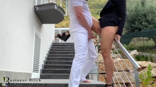 real estate businesswoman risky outdoor fucked in public - luxury mansion and pool area