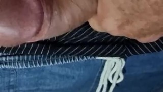Guy jerking off uncut cock