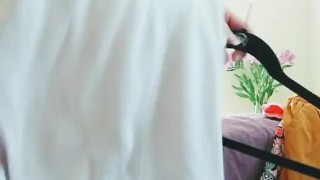 Hanging up clothes naked before I cum fingering ass and pussy