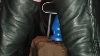 Leather bear daddy sitting on huge anal plug from Topped Toys "The Grip" 106 and 115