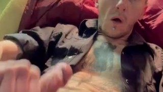 Beermunkie in black curious guy jerking that white trash punk huge cock until he tastes his own cu