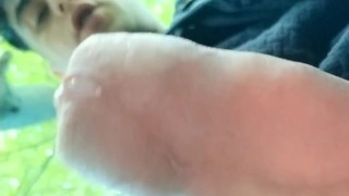 Cumming tip of uncut cock
