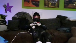 Biker cumming inside a dainese suit