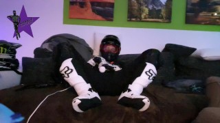 Biker cumming inside a dainese suit