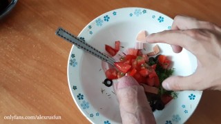 A horny teen with a big dick cooking breakfast for you and fills it with fresh sauce from his sperm