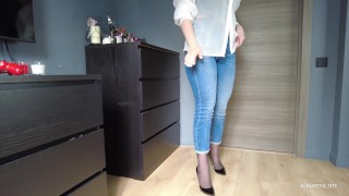 Hot wife pulls jeans down and teases ass in pantyhose
