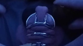 Cumming in small chastity cage