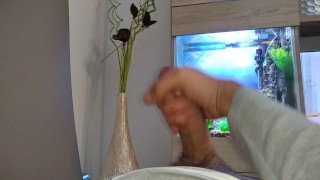 Hot Young Guy Wanks His Nice Big Cock Until He Cums Slowly In Front Of The Aquarium